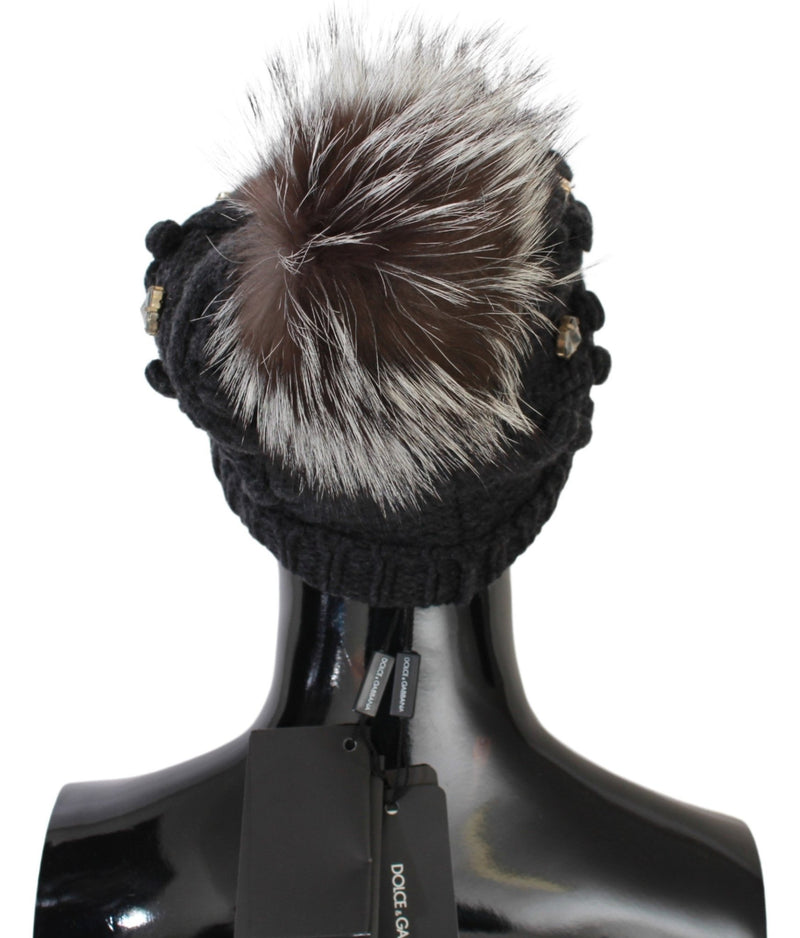 Gray Cashmere Fur Crystal Winter Beanie Hat - Avaz Shop
