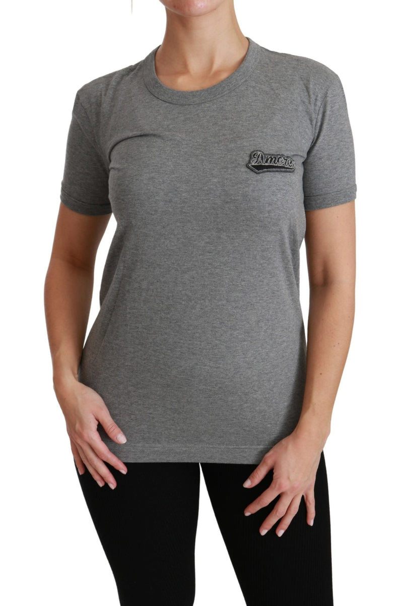 Gray Crewneck Amore Patch Cotton Top T-shirt - Avaz Shop