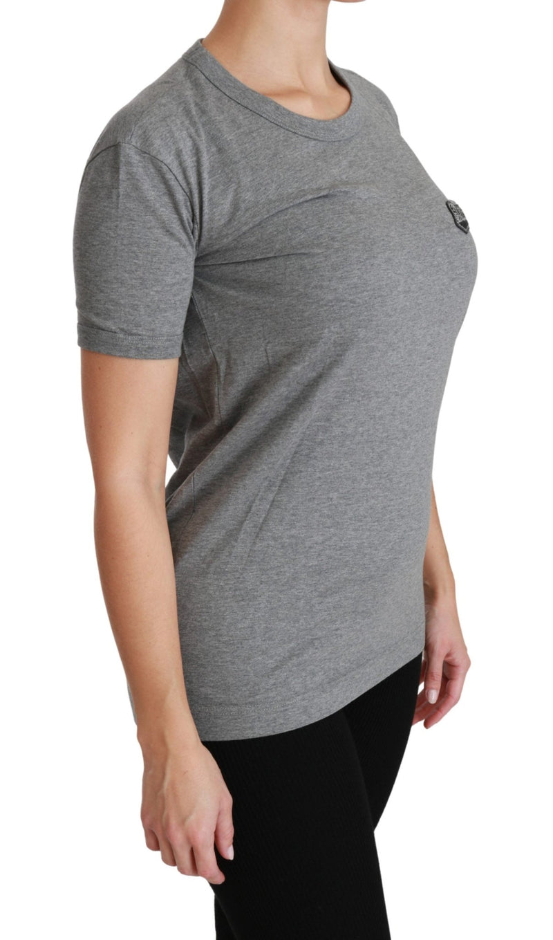Gray Crewneck Amore Patch Cotton Top T-shirt - Avaz Shop