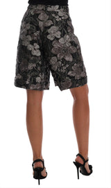 Gray Floral Brocade High Waist Shorts - Avaz Shop