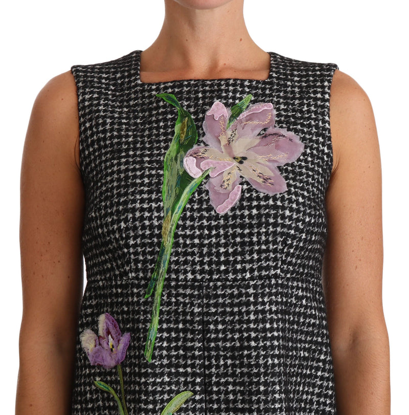 Gray Houndstooth Floral Appliqué Shift Mini Dress - Avaz Shop
