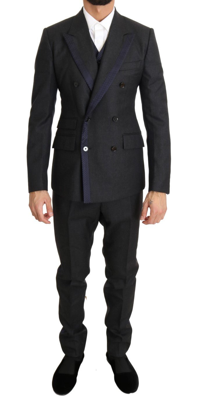 Gray Wool Blue Silk Double Breasted Suit - Avaz Shop