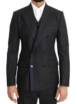 Gray Wool Blue Silk Double Breasted Suit - Avaz Shop