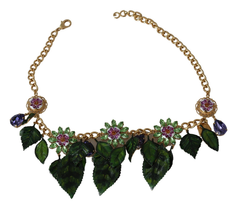 Green Leaves Gold Brass Crystal Flower Pendant Necklace - Avaz Shop