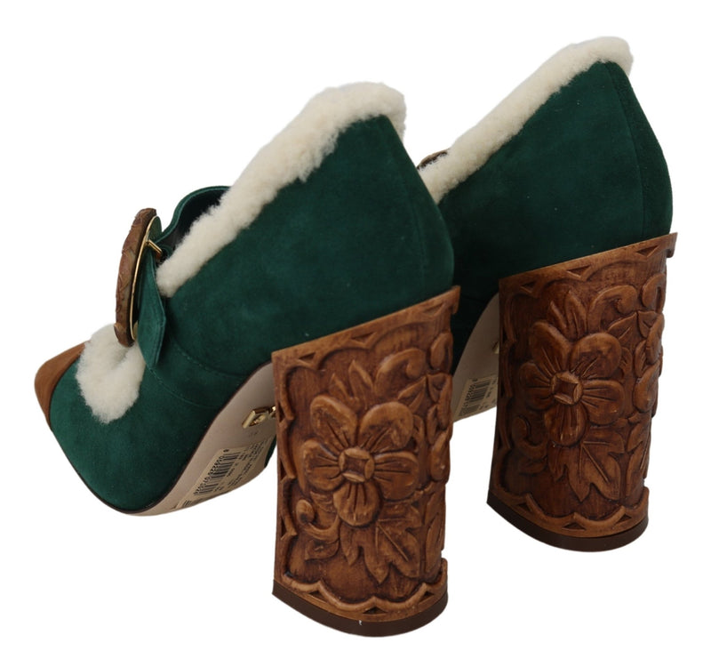Green Suede Fur Shearling Mary Jane Shoes - Avaz Shop