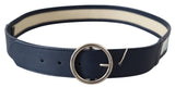 Navy Blue Leather Round Silver Buckle Belt - Avaz Shop