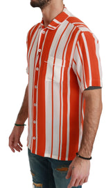 Orange Silk Striped Short Sleeve White Shirt - Avaz Shop