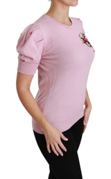 Pink Floral Embroidered Blouse Wool Top - Avaz Shop