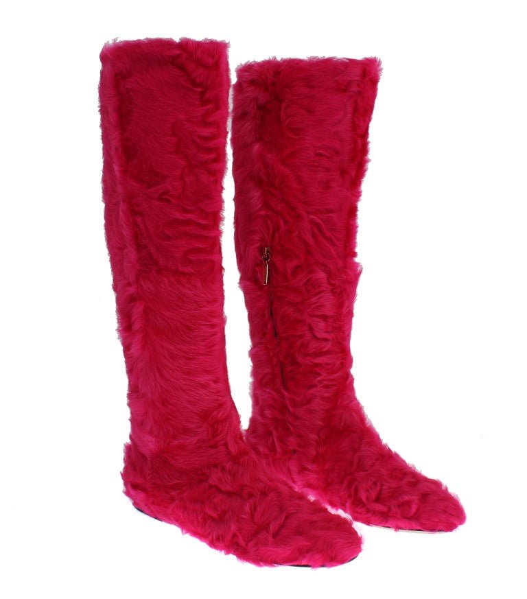 Pink Lamb Fur Leather Flat Boots - Avaz Shop