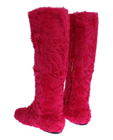 Pink Lamb Fur Leather Flat Boots - Avaz Shop