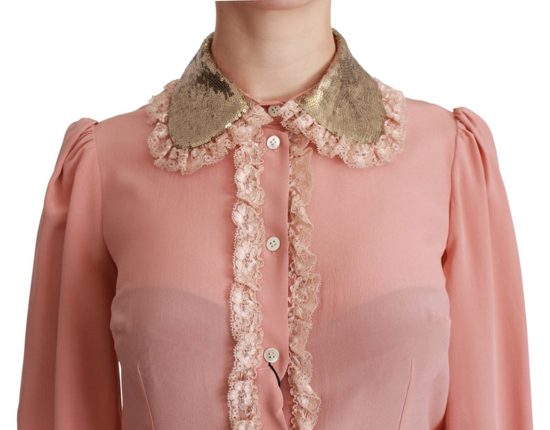 Pink Silk Gold Sequin Lace Blouse Shirt - Avaz Shop