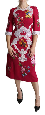 Red Floral Embroidered Sheath Midi Dress - Avaz Shop