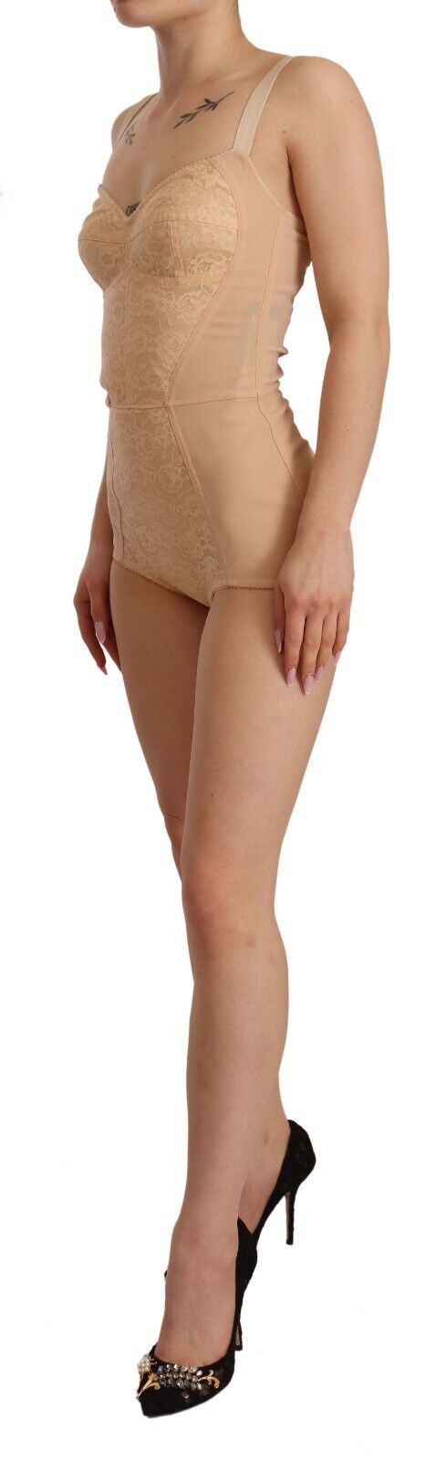 Beige Nylon Floral Lace Bodysuit Underwear