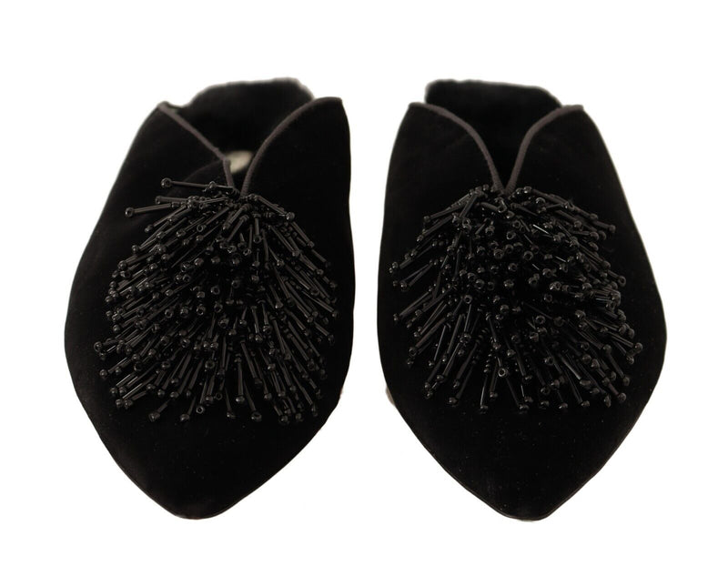 Black Suede Leather Embellished Slip On Shoes