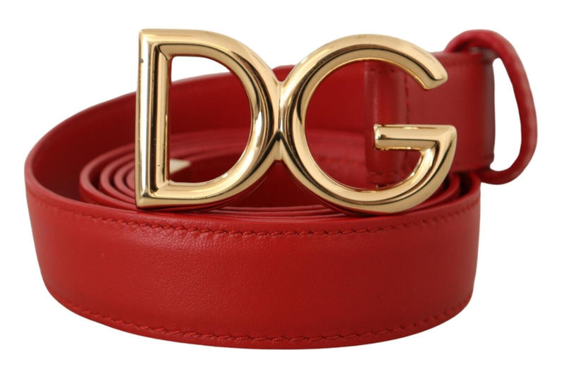 Red Leather Gold Metal Logo Buckle Belt