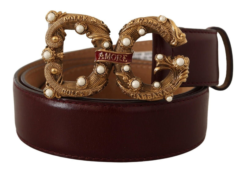 Bordeaux Leather Brass Logo Buckle Baroque Amore Belt