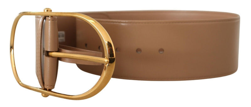 Beige Leather Gold Metal Oval Buckle Belt