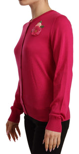 Dark Pink Rose Applique Silk Cardigan Sweater