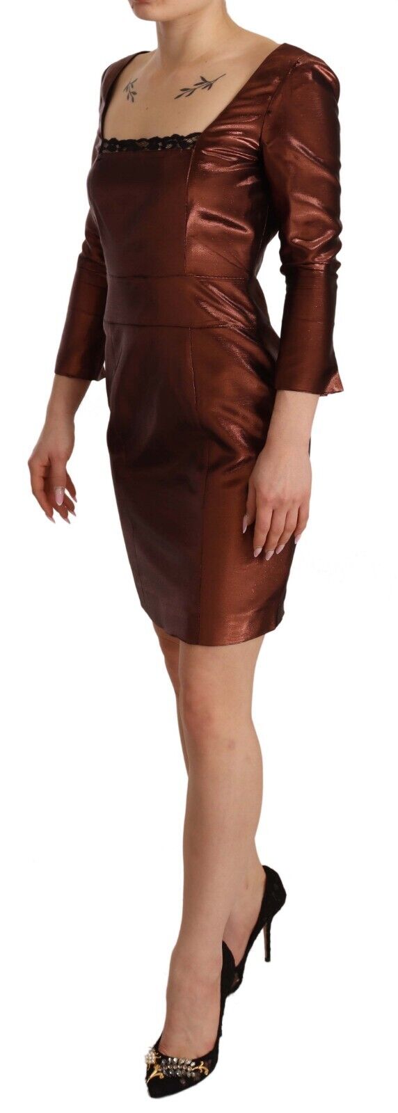 Metallic Brown Long Sleeves Square Neck Sheath Dress