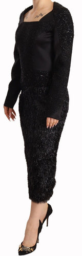 Black Studs Embellished Long Sleeves Sheath Midi Dress