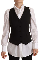 Black Button Down Sleeveless Vest Polyester Top