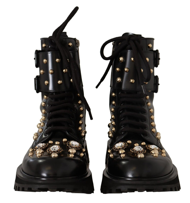 Black Leather Crystal Embellished Boots Shoes