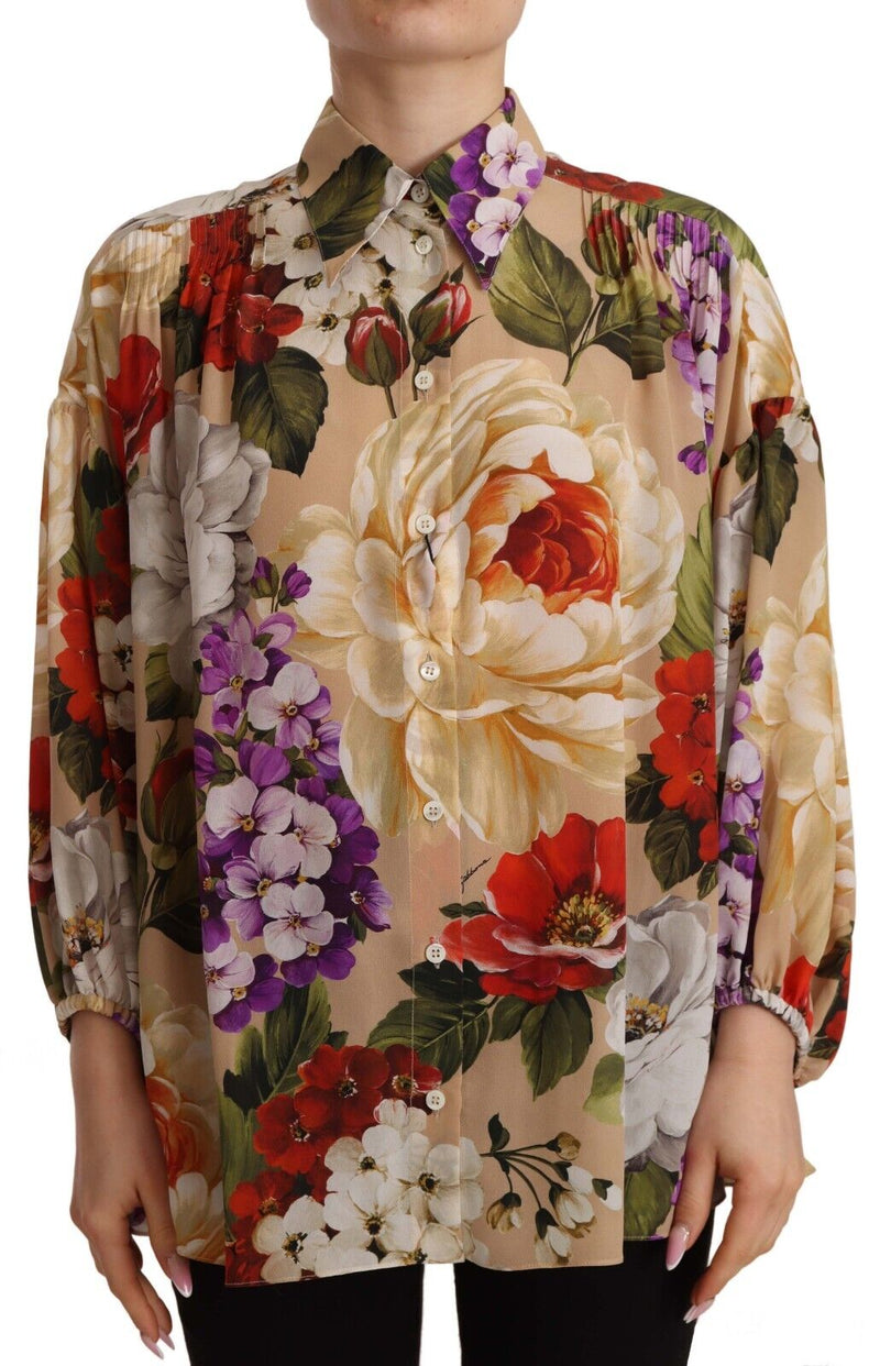 Beige Floral Print Long Sleeve Blouse Top