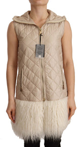 Beige Quilted Hooded Sleeveless Coat Jacket
