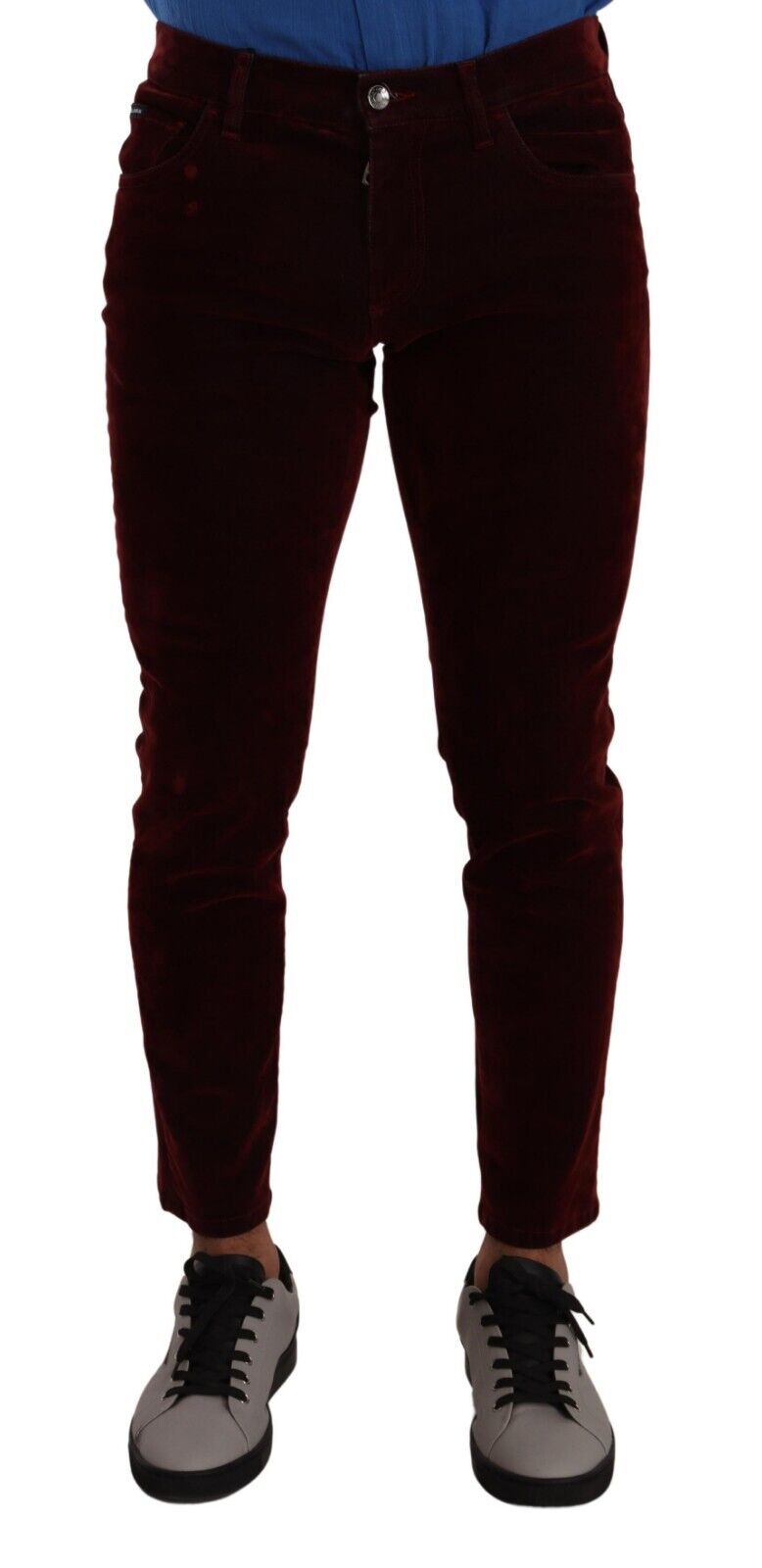 Dark Red Cotton Velvet Skinny Men Denim Jeans