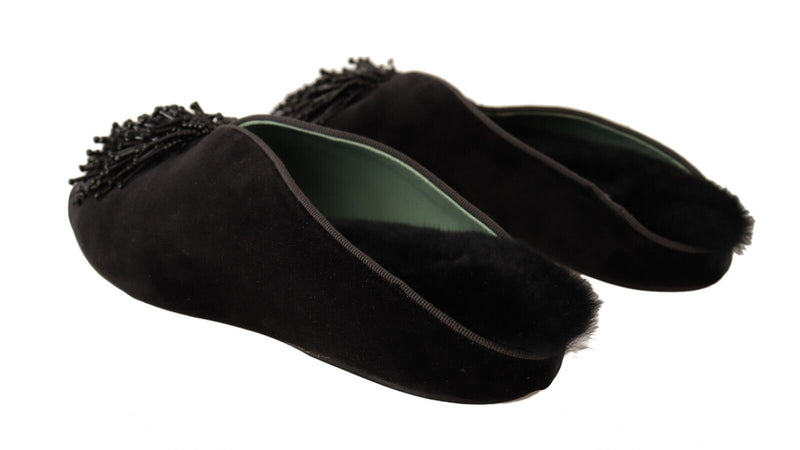Black Suede Leather Embellished Slip On Shoes