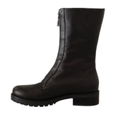 Black Leather High Boots Front Zip Closure Shoes
