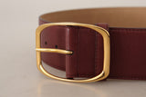 Maroon Leather Gold Metal Square Buckle Belt