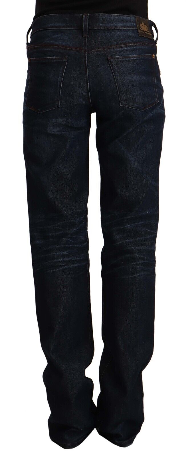 Dark Blue Mid Waist Cotton Denim Straight Jeans