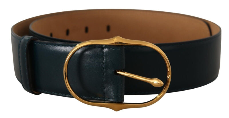 Blue Leather Gold Metal Oval Buckle Belt