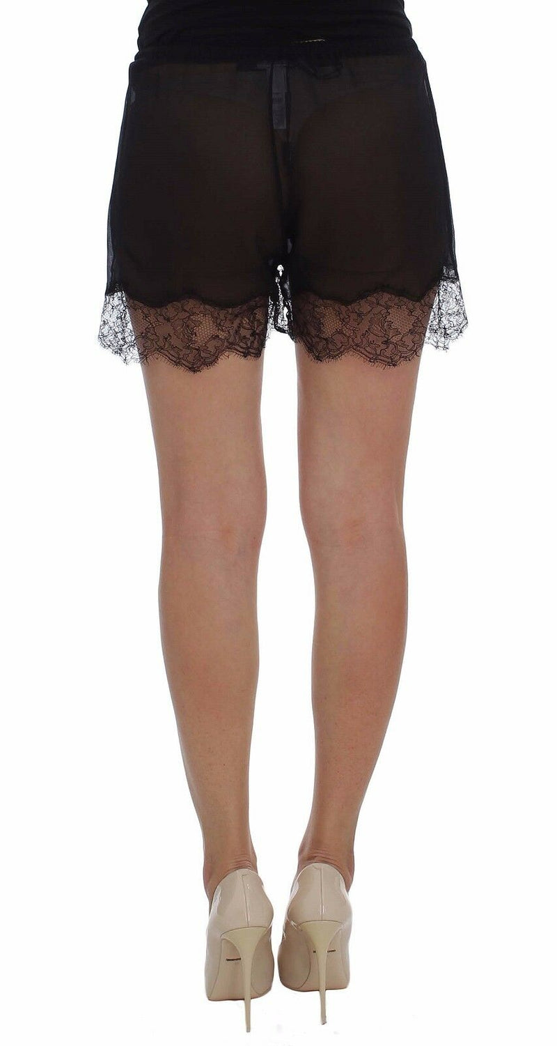Black Floral Lace Silk Sleepwear Shorts