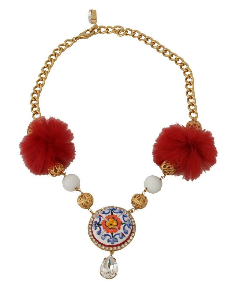 Gold Brass Crystal Red Fur Carretto Majolica Necklace