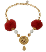 Gold Brass Crystal Red Fur Carretto Majolica Necklace
