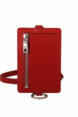 Red Leather Mini Slim Card Holder Neck Strap Wallet