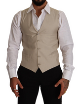 Beige Cotton Silk Slim Fit Waistcoat Vest
