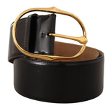 Black Leather Gold Metal Oval Buckle Belt