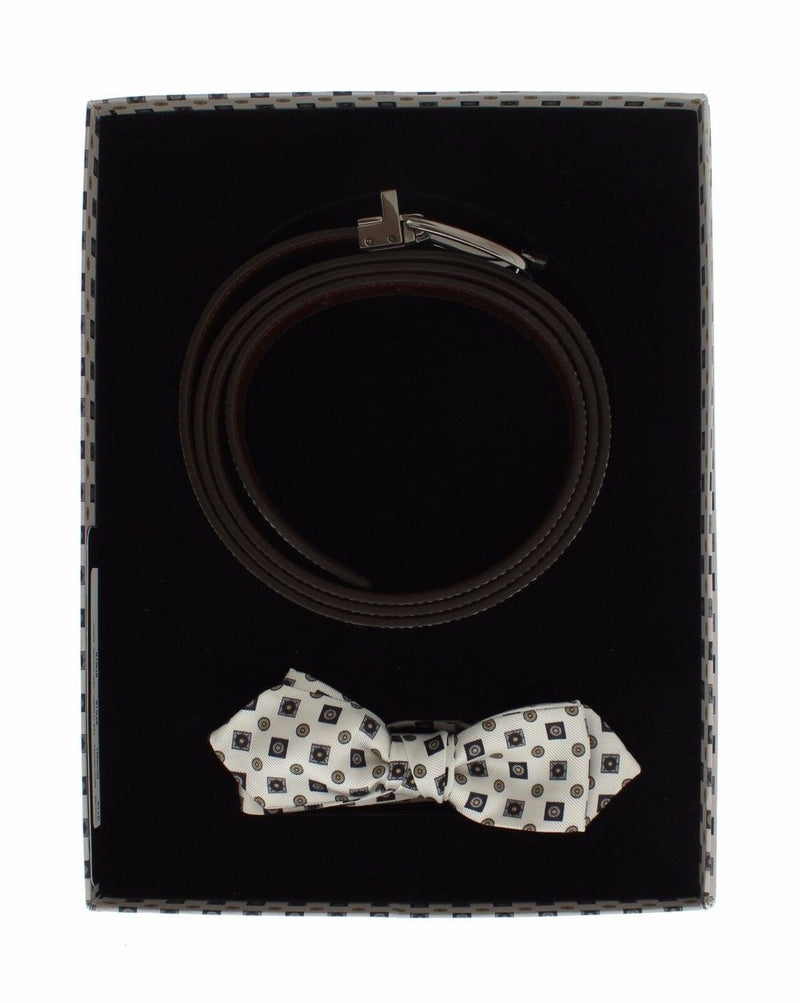 White Silk Bowtie Leather Men Belt Gift Box