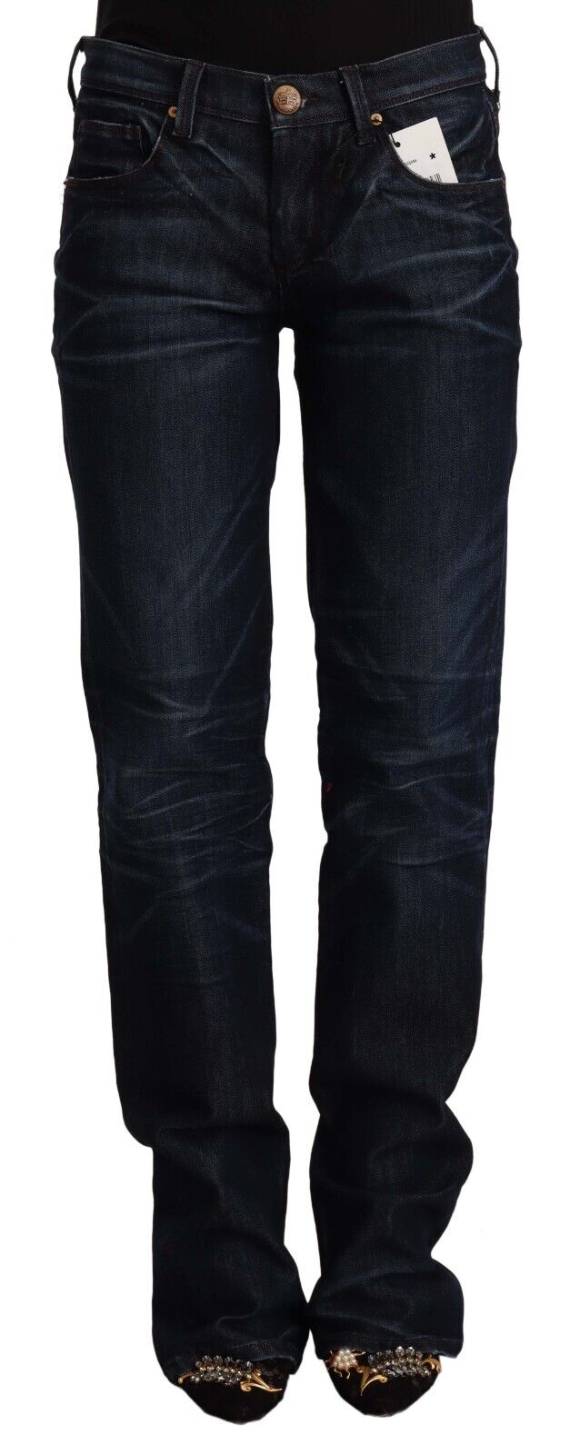 Dark Blue Mid Waist Cotton Denim Straight Jeans