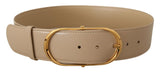 Beige Leather Gold Metal Oval Buckle Belt