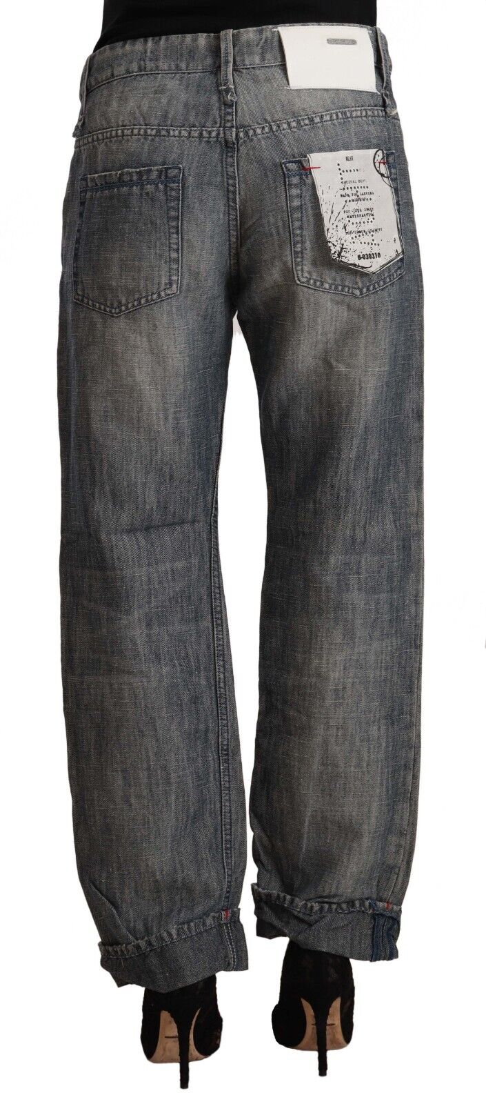Gray Washed Ramie Straight Denim Folded Hem Jeans