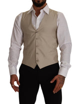 Beige Cotton Silk Slim Fit Waistcoat Vest