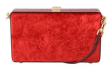 Red Velvet Leather Crystal Hand Box Clutch Bag
