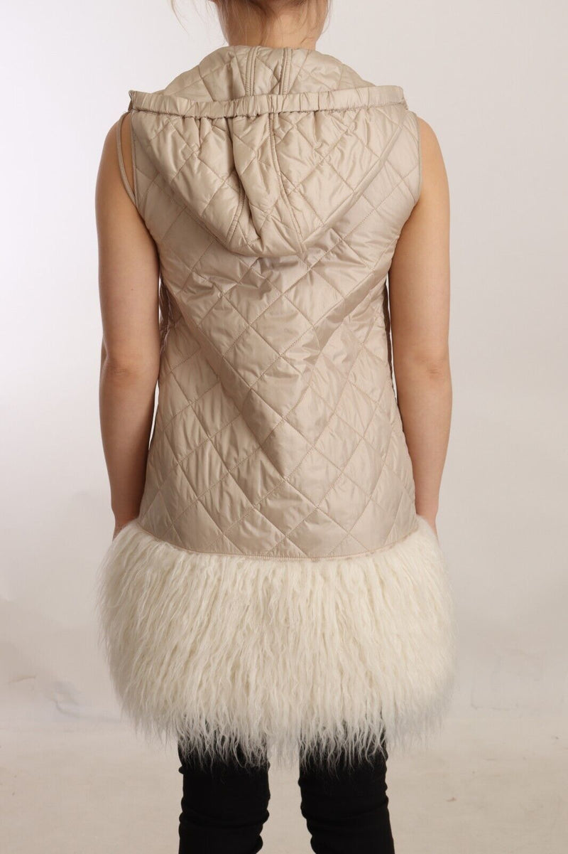 Beige Quilted Hooded Sleeveless Coat Jacket