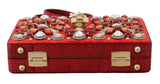 Red Velvet Leather Crystal Hand Box Clutch Bag