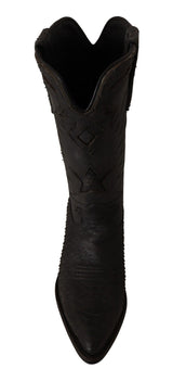 Black Snakeskin Leather Women Mid Calf Cowboy Shoes