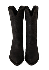 Black Snakeskin Leather Women Mid Calf Cowboy Shoes